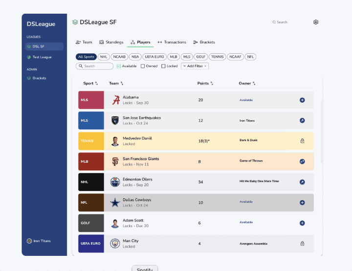 DSLeague Add Player flow — zooms into the sport-aware add/drop modal.