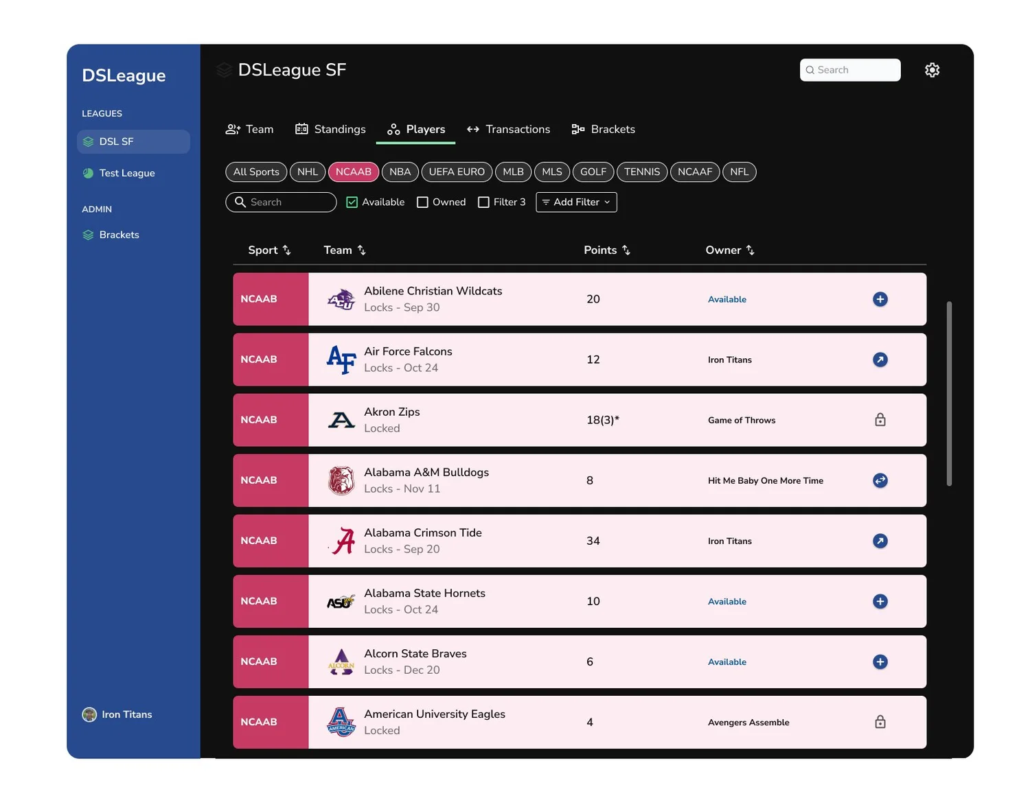DSLeague Players screen — NCAAB filter, dark mode.