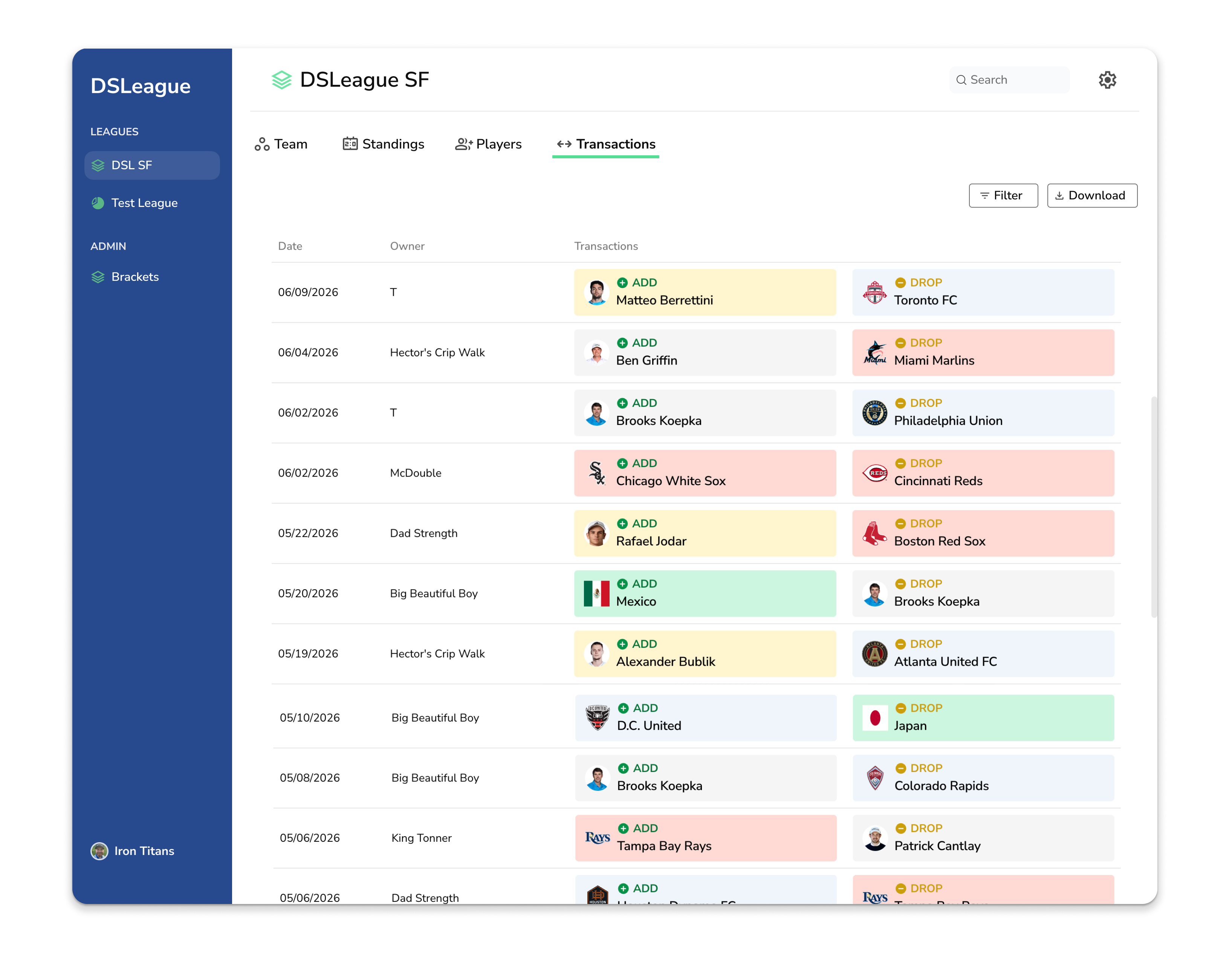 DSLeague Transactions view.