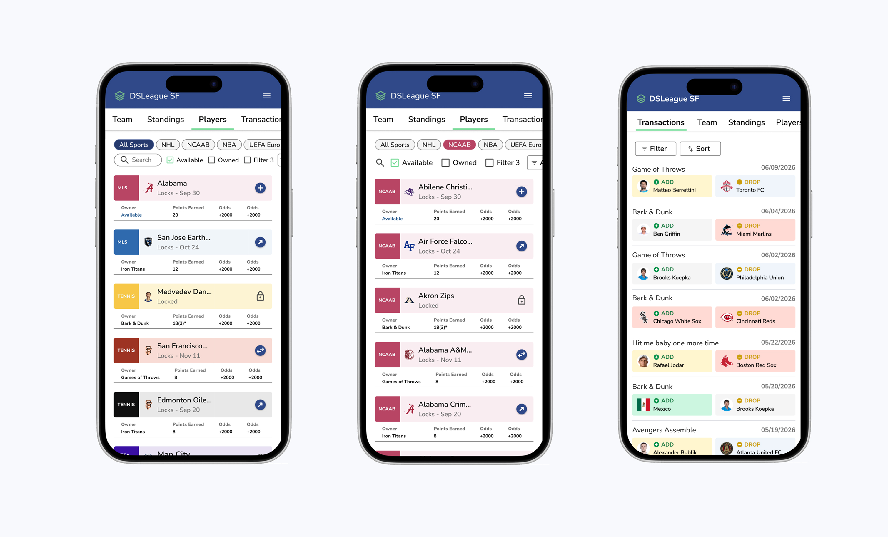 DSLeague mobile screens — Players, NCAAB filter, and Transactions on iPhone.