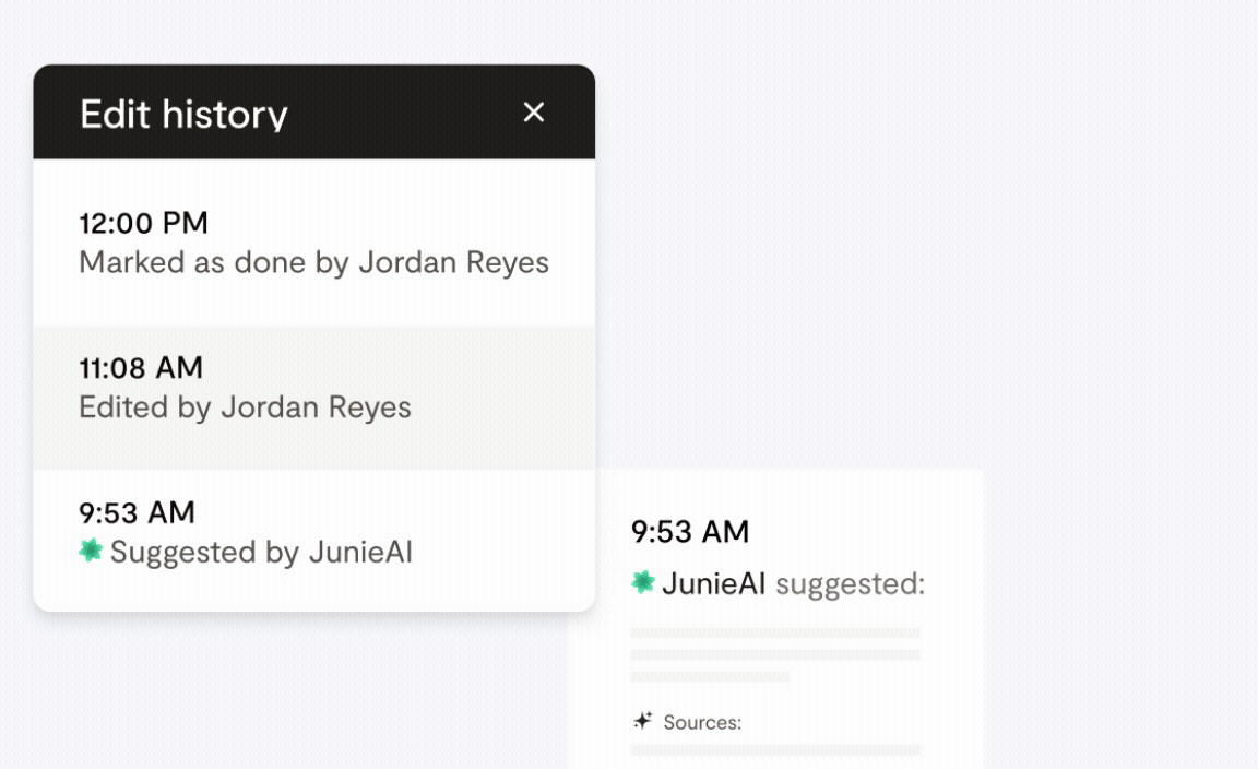 Edit history showing a JunieAI suggestion accepted by a human reviewer.