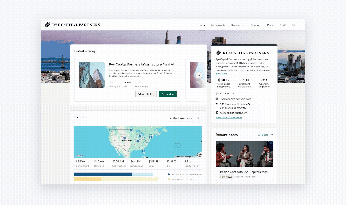 Juniper Square investor portal — the full LP-facing surface, in one frame.