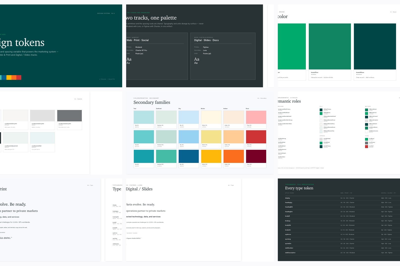 Juniper Square × Claude — the design-tokens system: color, type, and spacing variables across Web/Print and Digital/Slides tracks.