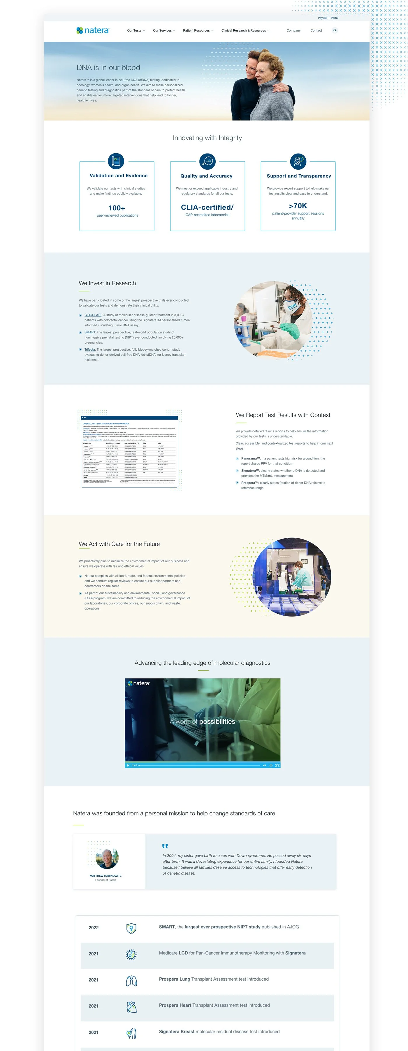 Natera About Us page after redesign — the new visual system applied to the company narrative.