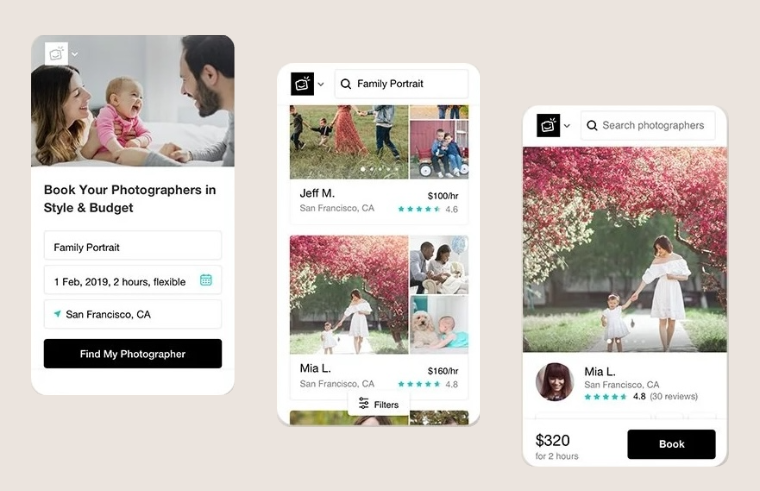 PhotoBooker — search, browse, and book photographers, shown across three floating mobile screens.