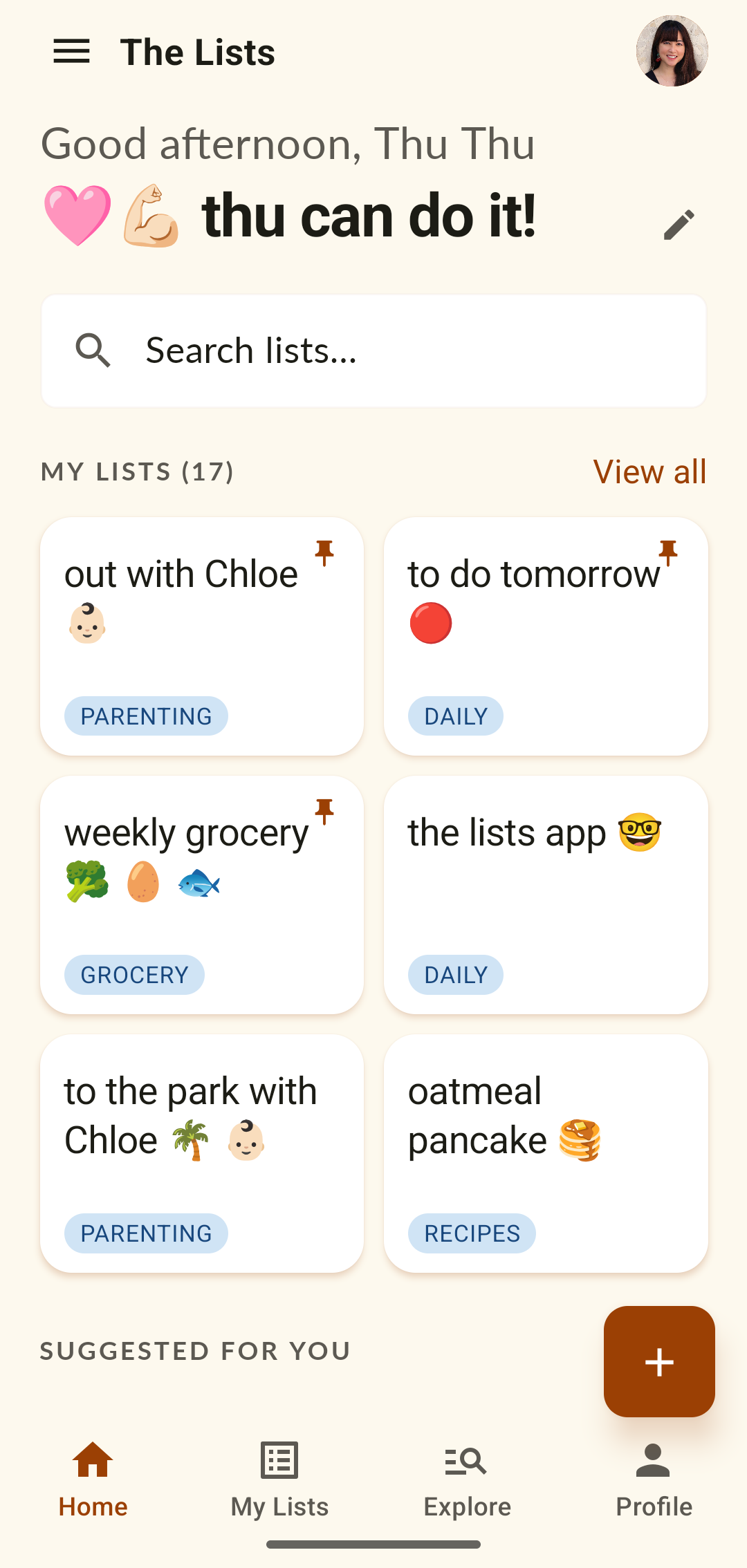 The Lists home screen.