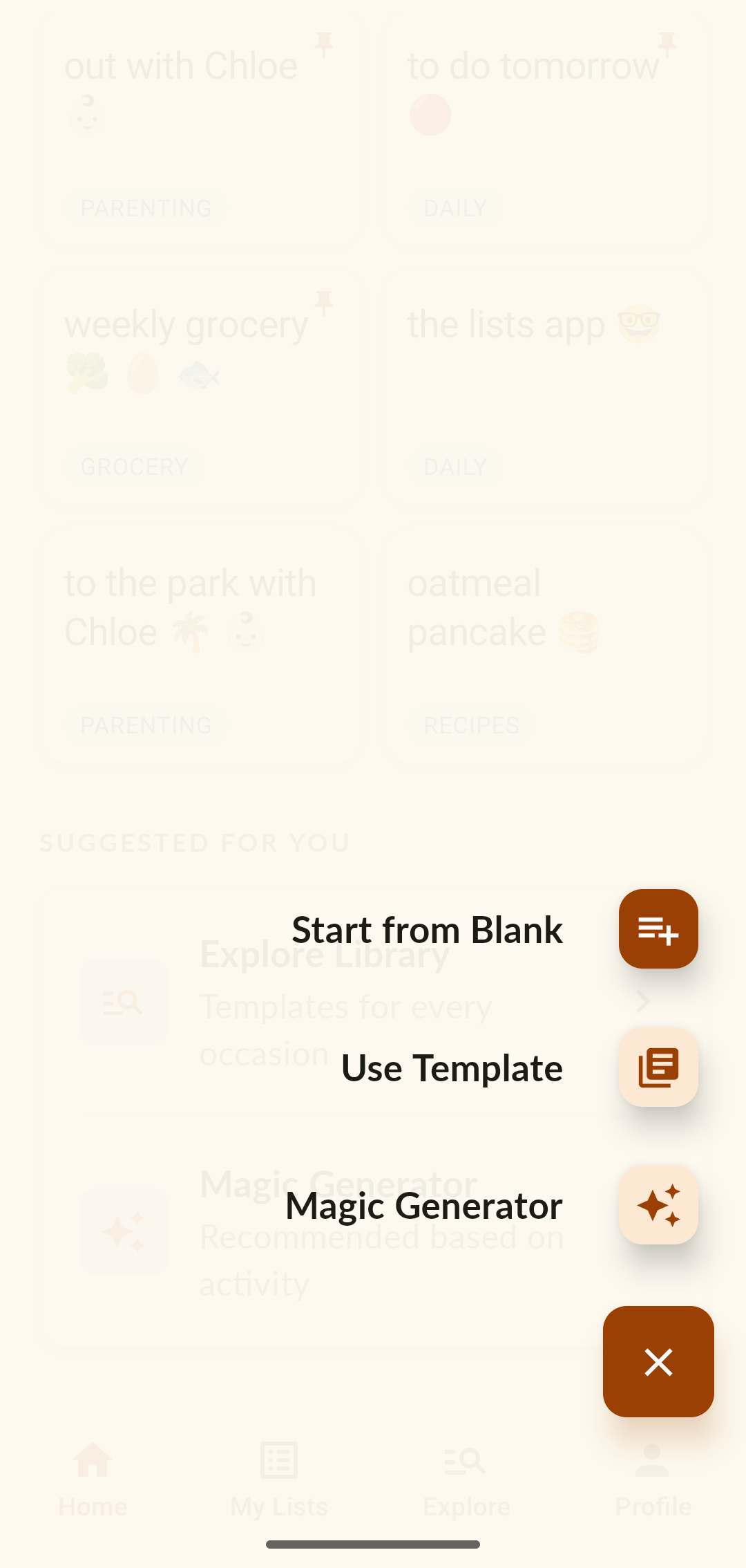 The create menu — Start from Blank, Use a Template, or the Magic Generator.