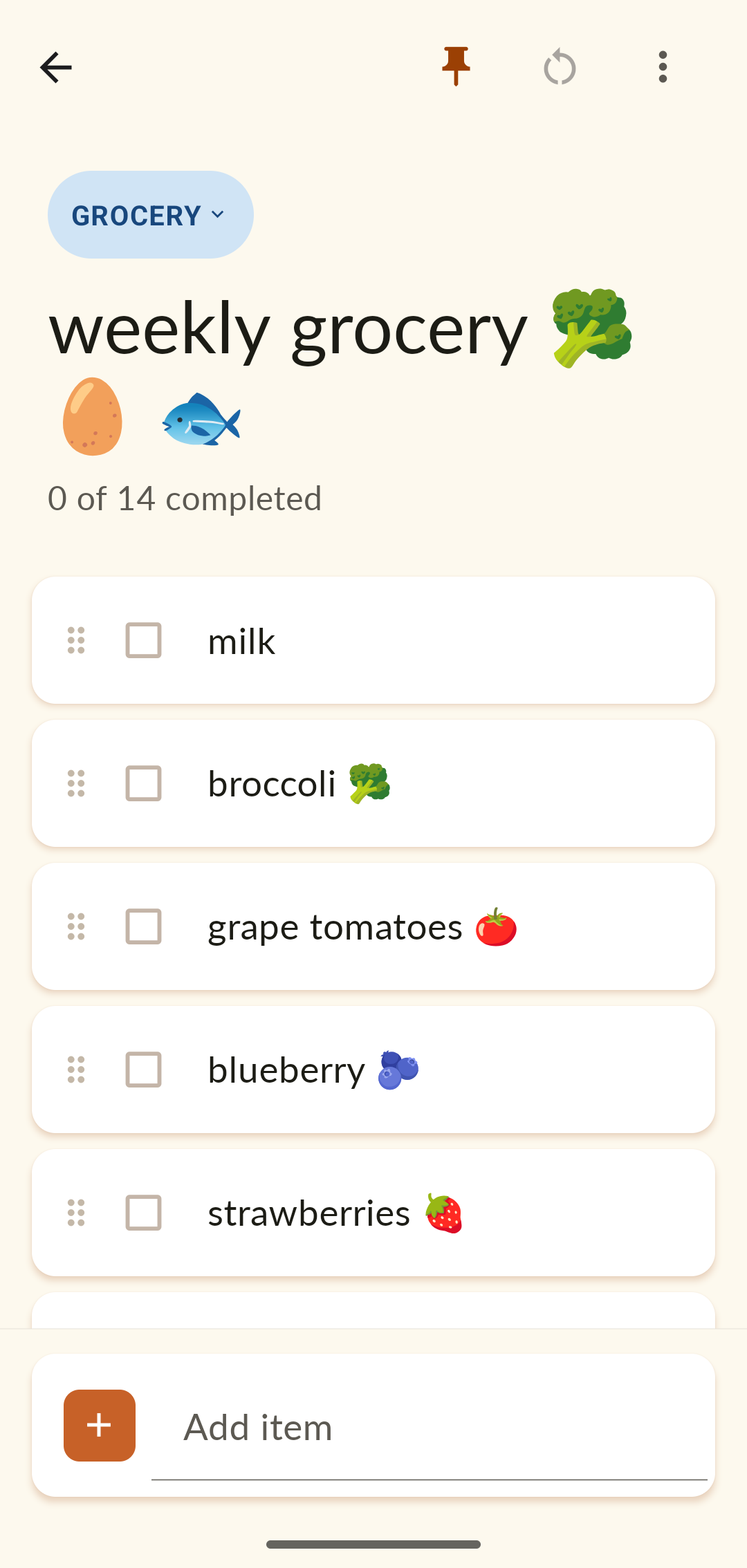 Weekly grocery list — 14 produce and pantry items.