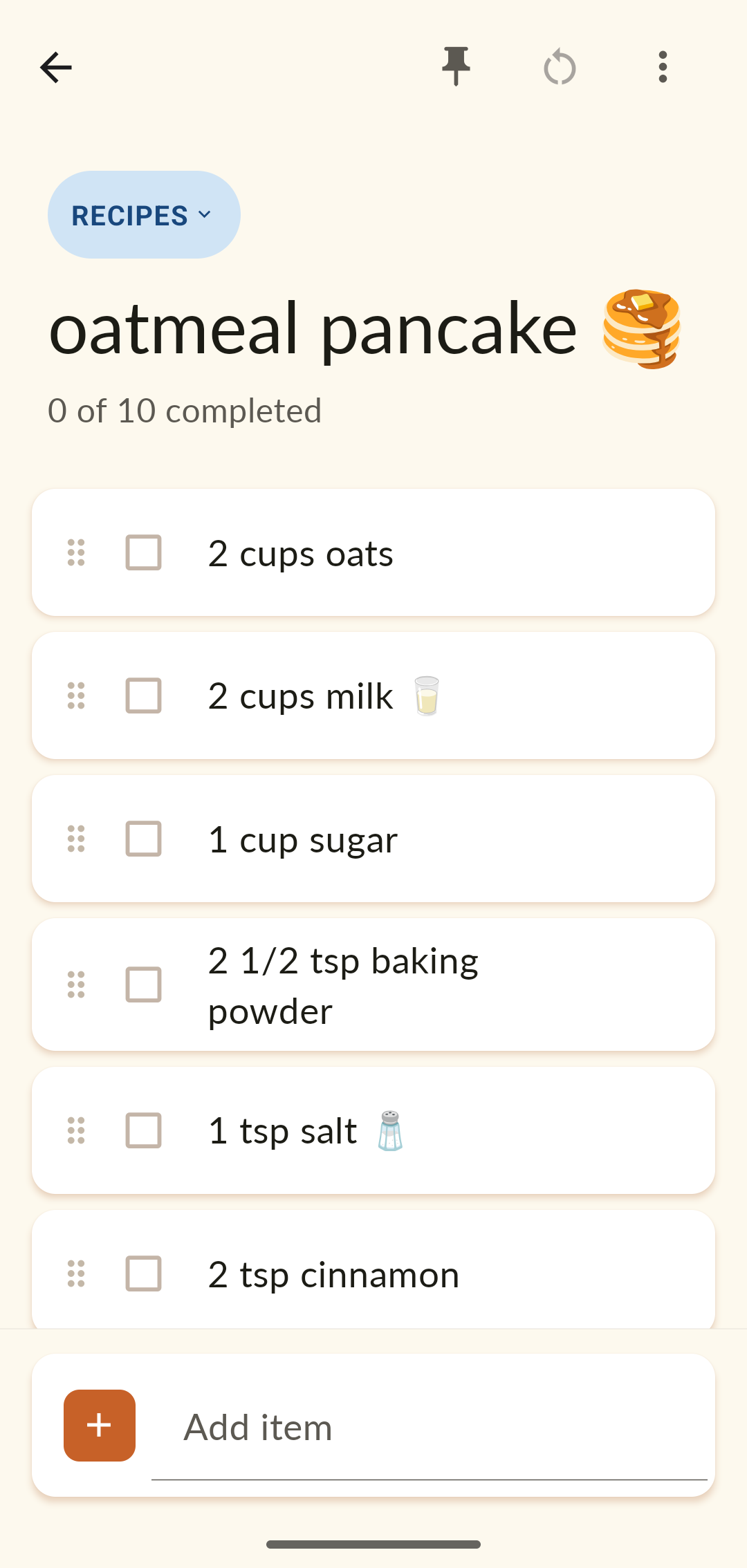 Oatmeal pancake recipe list with ingredients and quantities.