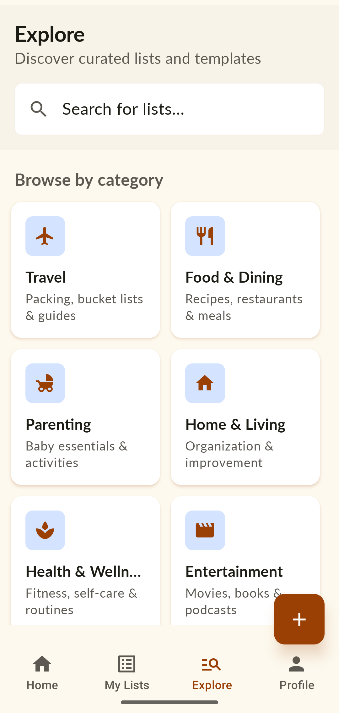 Explore — browse templates by category: Travel, Food & Dining, Parenting, Home & Living.