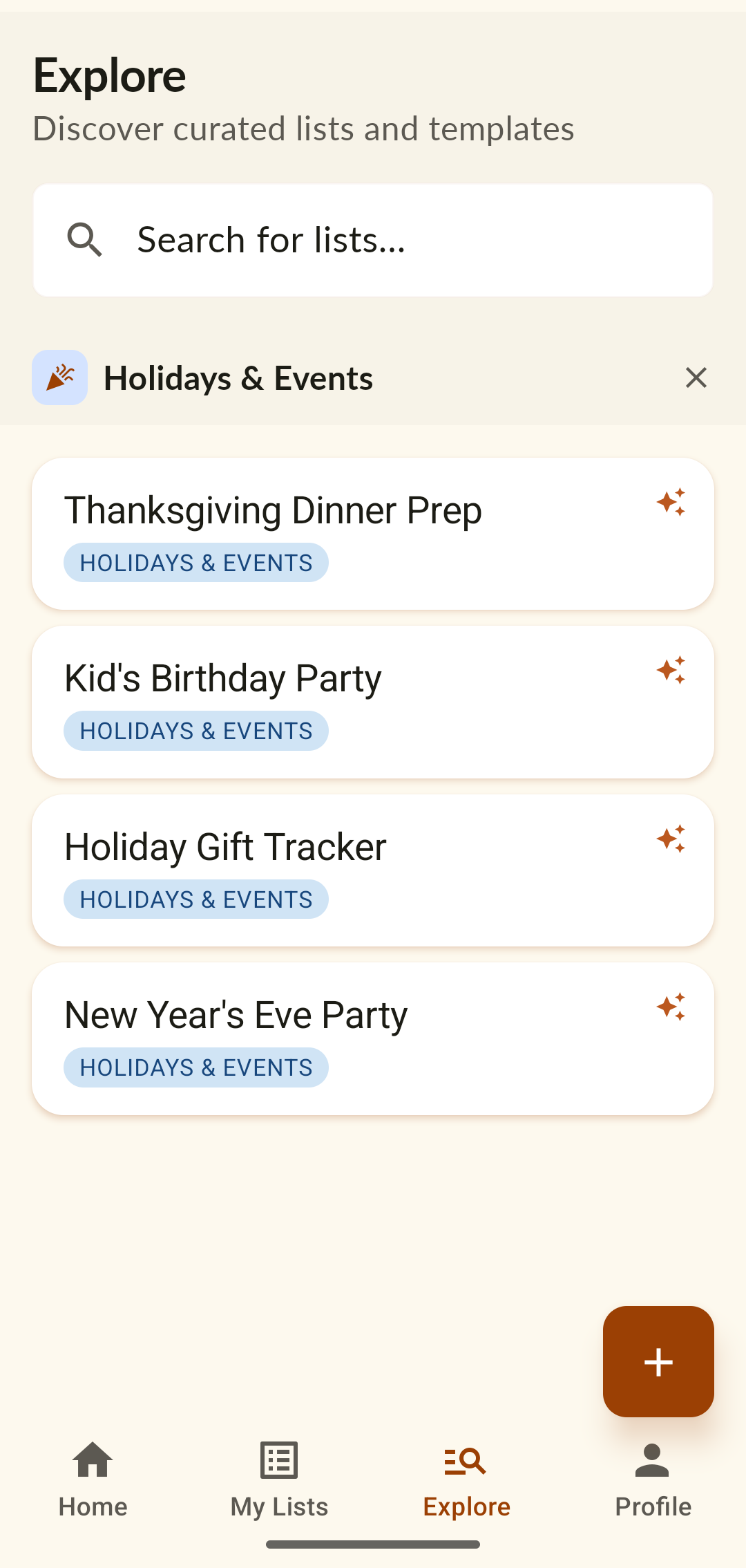 Holidays & Events templates: Thanksgiving Dinner Prep, Kid's Birthday Party, Holiday Gift Tracker.
