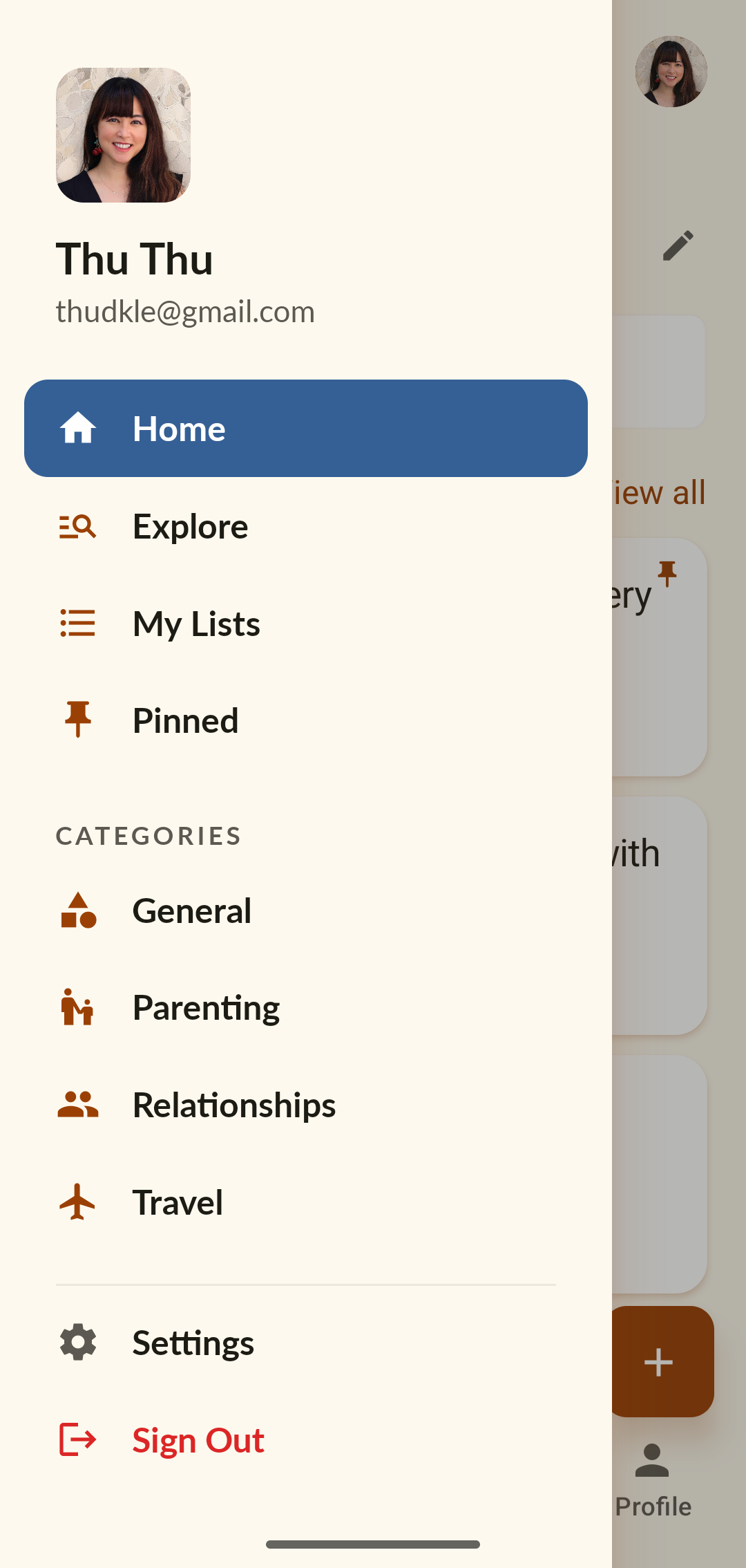 Navigation drawer — Home, Explore, My Lists, Pinned, and categories.