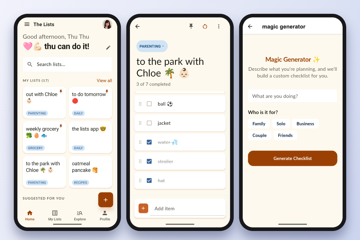 The Lists app — home, a reusable checklist, and the Magic Generator.
